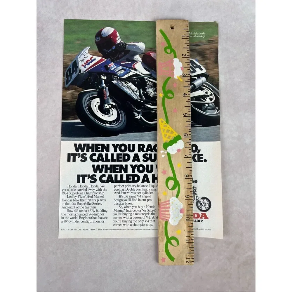 Vintage 1985 Honda Motorcycle Print-Ad/Fred Merkel/ 1984 Superbike Championship